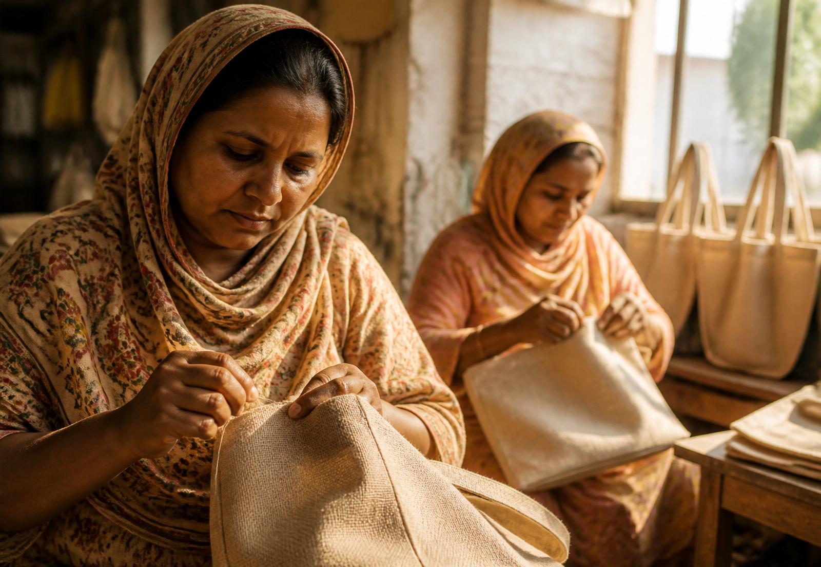 Bangladeshi artisans hand-stitching cotton tote bags